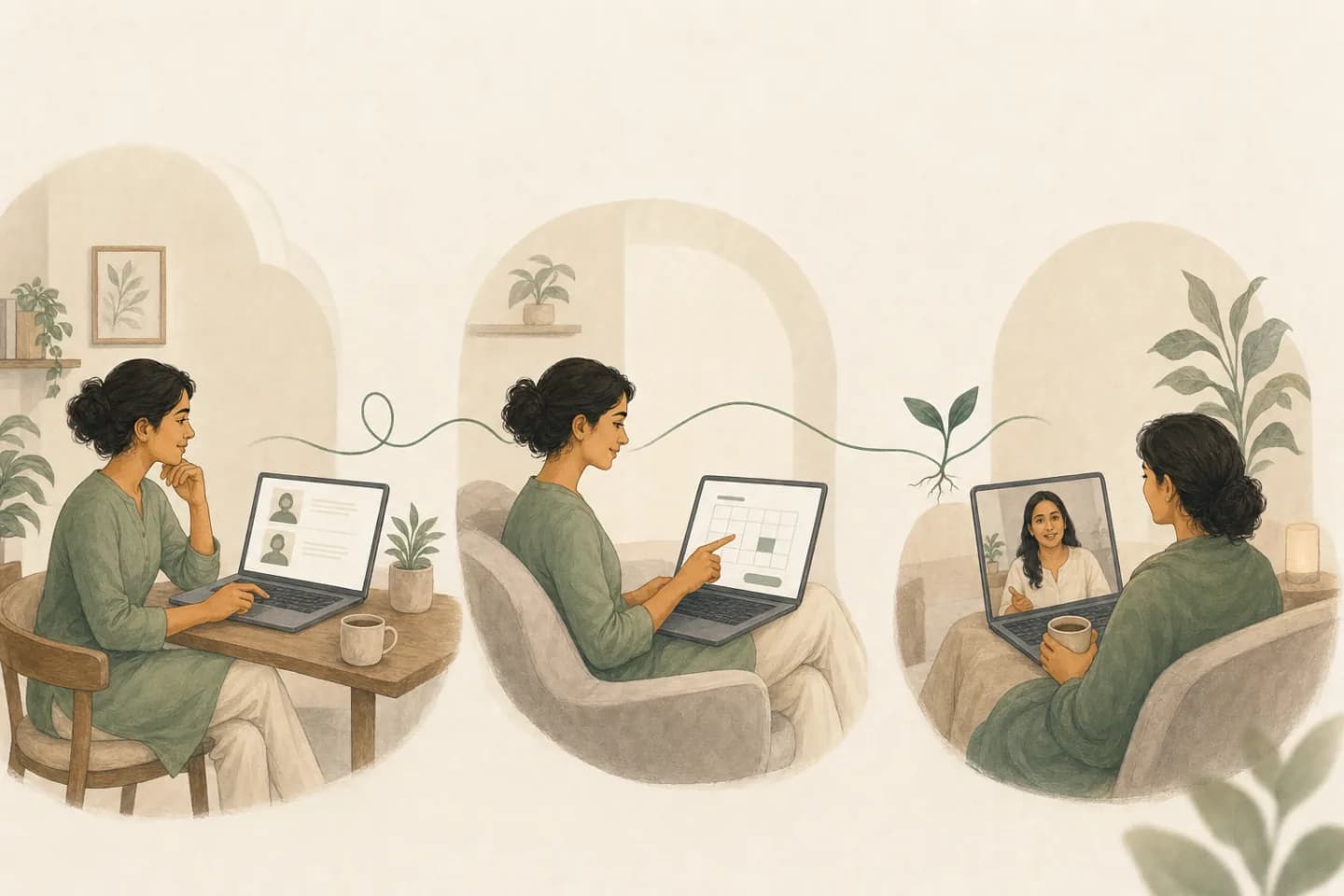 A client browsing therapist profiles, choosing a session time and meeting a therapist online