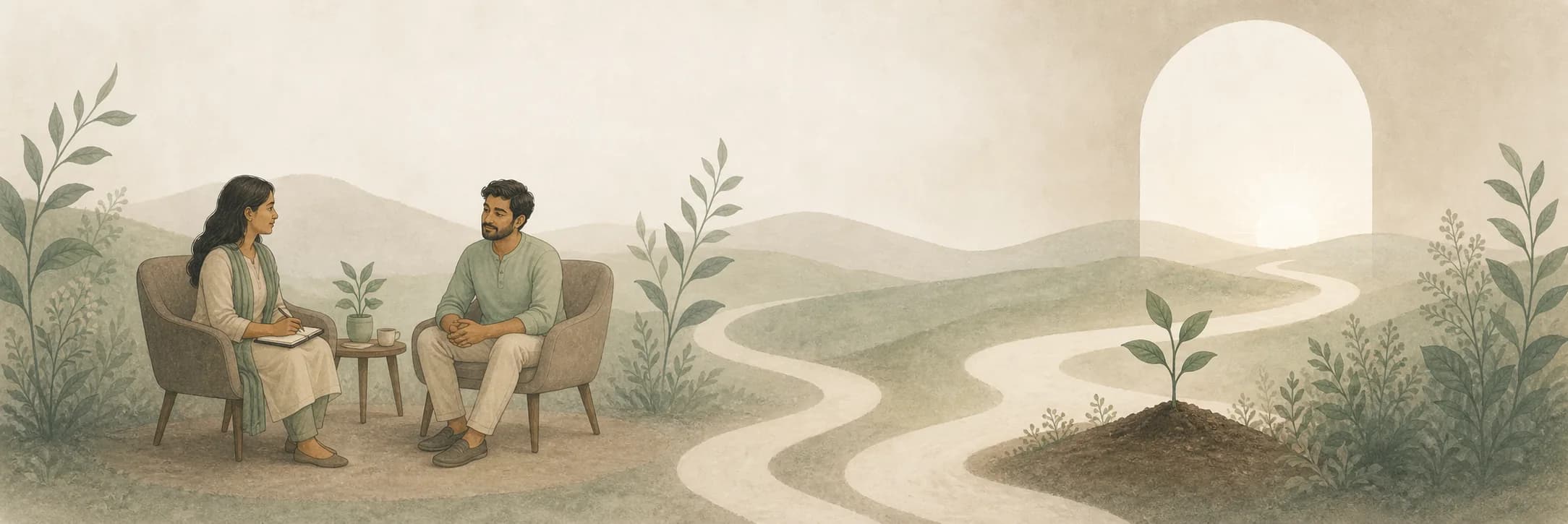 A psychologist and client in conversation beside a path leading toward new growth