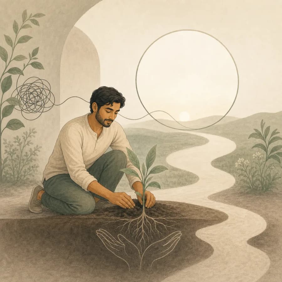 A person planting a young tree beside a winding path, representing steady emotional growth
