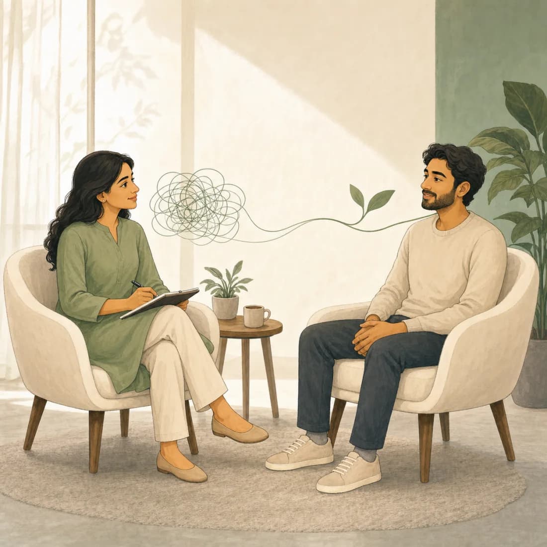 A therapist listening attentively to a client during a supportive conversation