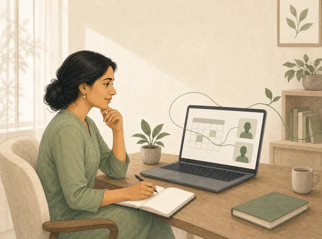 A psychologist organising her online practice and client schedule at a desk