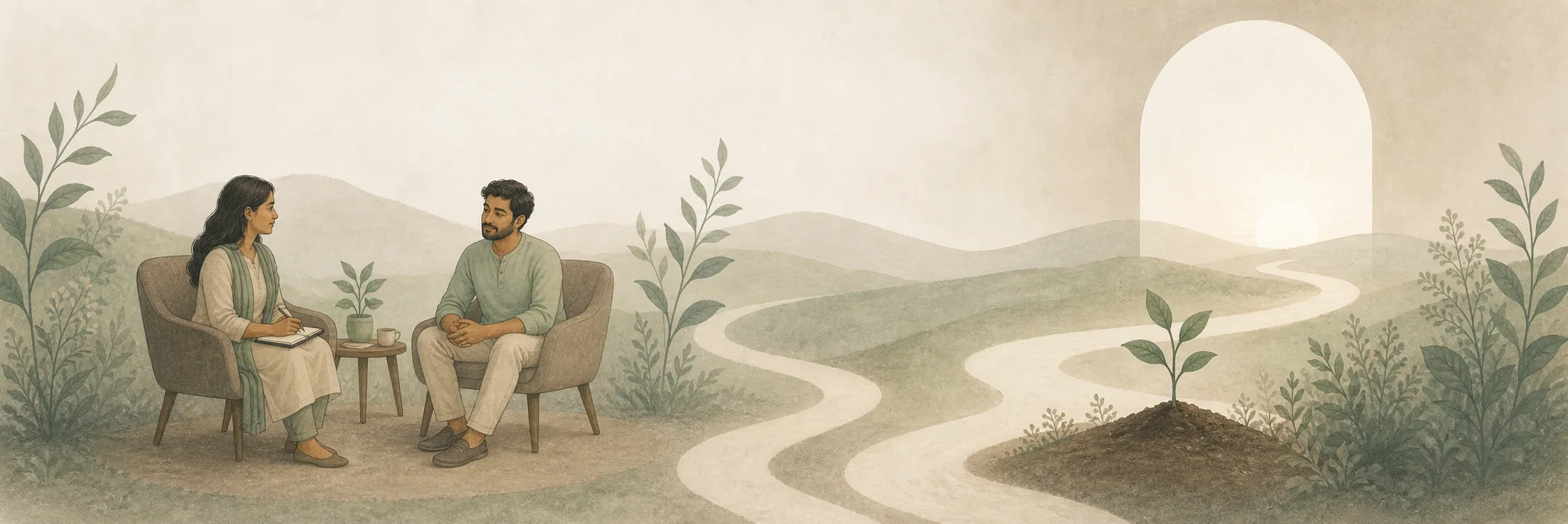 A psychologist and client in conversation beside a path leading toward new growth